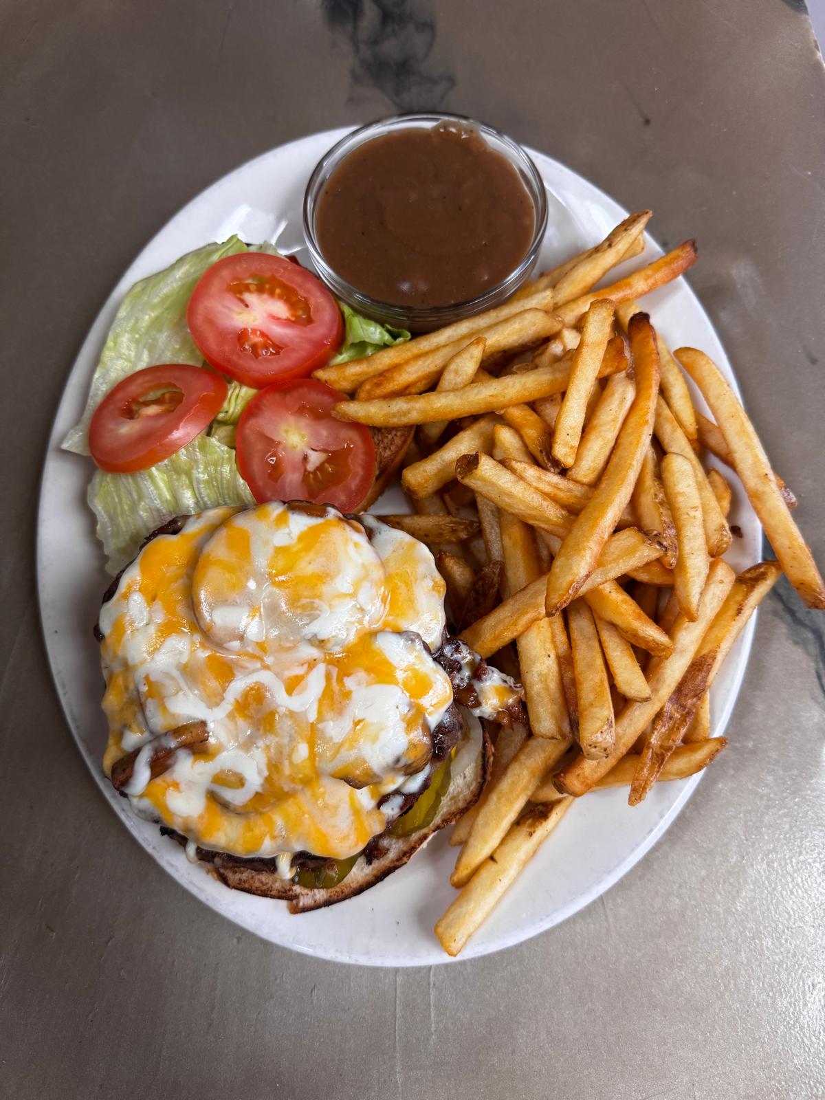 Canadian Burger at Pappa's Family Restaurant Edmonton - Loaded with bacon, ham and cheese